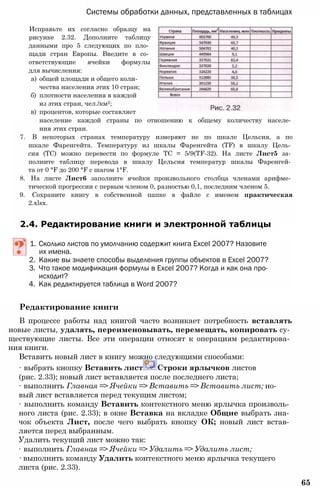 Системы обработки данных, представленных в таблицах
Исправьте их согласно образцу на
рисунке 2.32. Дополните таблицу
данными про 5 следующих по пло­
щади стран Европы. Введите в со­
ответствующие ячейки формулы
для вычисления:
а) общей площади и общего коли­
чества населения этих 10 стран;
б) плотности населения в каждой
из этих стран, чел./км2;
в) процентов, которые составляет
население каждой страны по отношению к общему количеству населе­
ния этих стран.
7. В некоторых странах температуру измеряют не по шкале Цельсия, а по
шкале Фаренгейта. Температуру из шкалы Фаренгейта (TF) в шкалу Цель­
сия (ТС) можно перевести по формуле ТС = 5/9(TF-32). На листе Лист5 за­
полните таблицу перевода в шкалу Цельсия температур шкалы Фаренгей­
та от 0 °F до 200 °F с шагом 1°F.
8. На листе Лист6 заполните ячейки произвольного столбца членами арифме­
тической прогрессии с первым членом 0, разностью 0,1, последним членом 5.
9. Сохраните книгу в собственной папке в файле с именем практическая
2.xlsx.
2.4. Редактирование книги и электронной таблицы
1. Сколько листов по умолчанию содержит книга Excel 2007? Назовите
их имена.
2. Какие вы знаете способы выделения группы объектов в Excel 2007?
3. Что такое модификация формулы в Excel 2007? Когда и как она про­
исходит?
4. Как редактируется таблица в Word 2007?
Редактирование книги
В процессе работы над книгой часто возникает потребность вставлять
новые листы, удалять, переименовывать, перемещать, копировать су­
ществующие листы. Все эти операции относят к операциям редактирова­
ния книги.
Вставить новый лист в книгу можно следующими способами:
∙ выбрать кнопку Вставить лист Строки ярлычков листов
(рис. 2.33); новый лист вставляется после последнего листа;
∙ выполнить Главная => Ячейки => Вставить => Вставить лист; но­
вый лист вставляется перед текущим листом;
∙ выполнить команду Вставить контекстного меню ярлычка произволь­
ного листа (рис. 2.33); в окне Вставка на вкладке Общие выбрать зна­
чок объекта Лист, после чего выбрать кнопку ОК; новый лист встав­
ляется перед выбранным.
Удалить текущий лист можно так:
∙ выполнить Главная => Ячейки => Удалить => Удалить лист;
∙ выполнить команду Удалить контекстного меню ярлычка текущего
листа (рис. 2.33).
65
 