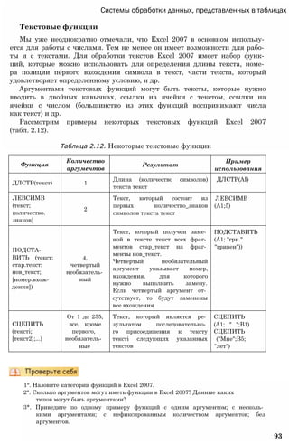 Функция
Количество
аргументов
Результат
Пример
использования
ДЛСТР(текст) 1
Длина (количество символов)
текста текст
ДЛСТР(АІ)
ЛЕВСИМВ
(текст;
количество.
знаков)
2
Текст, который состоит из
первых количество_знаков
символов текста текст
ЛЕВСИМВ
(А1;5)
ПОДСТА­
ВИТЬ (текст;
стар.текст;
нов_текст;
[номер.вхож-
дения])
4,
четвертый
необязатель­
ный
Текст, который получен заме­
ной в тексте текст всех фраг­
ментов стар_текст на фраг­
менты нов_текст.
Четвертый необязательный
аргумент указывает номер,
вхождения, для которого
нужно выполнить замену.
Если четвертый аргумент от­
сутствует, то будут заменены
все вхождения
ПОДСТАВИТЬ
(А1; "грн."
"гривен"))
СЦЕПИТЬ
(тексті;
[текст2];...)
От 1 до 255,
все, кроме
первого,
необязатель­
ные
Текст, который является ре­
зультатом последовательно­
го присоединения к тексту
тексті следующих указанных
текстов
СЦЕПИТЬ
(А1; " ";В1)
СЦЕПИТЬ
("Мне";В5;
"лет")
Системы обработки данных, представленных в таблицах
Текстовые функции
Мы уже неоднократно отмечали, что Excel 2007 в основном использу­
ется для работы с числами. Тем не менее он имеет возможности для рабо­
ты и с текстами. Для обработки текстов Excel 2007 имеет набор функ­
ций, которые можно использовать для определения длины текста, номе­
ра позиции первого вхождения символа в текст, части текста, который
удовлетворяет определенному условию, и др.
Аргументами текстовых функций могут быть тексты, которые нужно
вводить в двойных кавычках, ссылки на ячейки с текстом, ссылки на
ячейки с числом (большинство из этих функций воспринимают числа
как текст) и др.
Рассмотрим примеры некоторых текстовых функций Excel 2007
(табл. 2.12).
Таблица 2.12. Некоторые текстовые функции
1°. Назовите категории функций в Excel 2007.
2°. Сколько аргументов могут иметь функции в Excel 2007? Данные каких
типов могут быть аргументами?
3*. Приведите по одному примеру функций с одним аргументом; с несколь­
кими аргументами; с нефиксированным количеством аргументов; без
аргументов.
93
 
