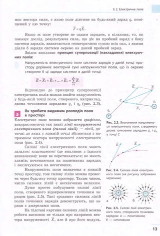 § 2. Електричне поле
мок вектора сили, з якою поле діятиме на будь-який заряд q, помі­
щений у цю точку:
F=qE.
Якщо ж поле утворене не одним зарядом, а кількома, то, як
показує дослід, результуюча сила, що діє на пробний заряд з боку
системи зарядів, визначається геометричною сумою всіх сил, з якими
діяли б заряди системи окремо на даний пробний заряд.
Звідси випливає принцип суперпозиції (накладання) електрич-
них полів:
Напруженість електричного поля системи зарядів у даній точці про­
стору дорівнює векторній сумі напруженостей полів, що їх окремо
створили б ці заряди системи в даній точці:
k
E=E1+E2+ ...+Ek = LEi
i=l
Відповідно до принципу суперпозиції
електричних полів можна знайти напруженість
у будь-якій точці поля, створеного, наприклад,
двома точковими зарядами q1 і q2 (рис. 2.3).
18!1 Як зробити видимим розподіл поля
а в просторі
Електричне поле можна зобразити графічно,
використовуючи так звані лінії напруженості
електричного поля (силові лінії) - лінії, до­
тичні до яких у кожній точці збігаються з на­
прямком вектора напруженості електричного
поля (рис. 2.4).
Силові лінії електричного поля мають
загальні властивості (це випливає з їхнього
визначення): вони не перетинаються; не мають
зламів; починаються на позитивних зарядах
і закінчуються на негативних.
Напруженість поля визначена в кожній
точці простору, тож силову лінію можна провес­
ти через будь-яку точку простору. Таким чином,
число силових ліній є нескінченно великим.
Дуже просто побудувати силові лінії
поля, створеного відокремленим точковим за­
рядом (рис. 2.5). Такі «родини» силових ліній
полів точкових зарядів демонструють, що за­
ряди є джерелами поля.
На підставі картини силових ліній можна
робити висновок не тільки про напрямок век­
тора напруженості Е, але й про його модуль.
Рис. 2.3. Визначення напружено­
сті електричного поля, створеного
двома точковими зарядами q, і q2,
у точці С
Рис. 2.4. Силова лінія електрич­
ного поля (на рисунку зображена
червоним)
Рис. 2.5. Силові лінії електрич­
ного поля, створеного точковим
зарядом: а - позитивним;
б - негативним
13
 