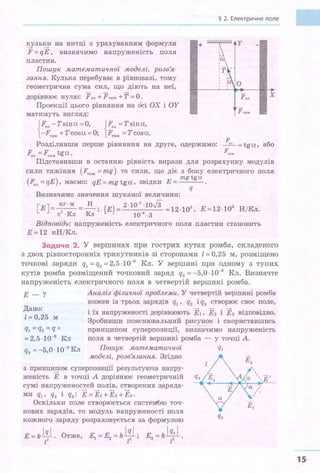~ль~ на нитці з урахуванням формули
F = qЕ , визначимо напруженість пол.я
пластин.
Пошук математичної моделі, розв'я­
зання. Кулька перебуває в рівновазі, тому
геометрична сума сил, що діють на неї,
дорівнює нулю: F•л +Fтяж +т =о.
Проекції цього рівн.яни.я на 6сі ОХ і ОУ
матимуть вигляд:
{Fел -Tsina=O, {F•л =Tsina,
- Fтяж +Т cosa =О; Fтяж = Т cosa.
§ 2. Електричне поле
+
Fтяж
F
Розділивши перше рівн.яни.я на друге, одержимо: ~ = tga, або
F.п = Fтяж tgа . F'...ж
Підставивши в останню рівність вирази дл.я розрахунку модулів
сили т.яжінн.я (Fтяж = тg) та сили, що діє з боку електричного пол.я
( )
. тg tga.
Fел =qE , маємо: qE=тgtga, звщки E=---
q
Визначимо значення шуканої величини:
[Е]= кг · м =_.!!.._· { }- 2 ·10-
3
·10.J3 _ 3
2 Т1' Т1' , Е - -в -12·10 ,
С · fіЛ fіЛ 10 ·3
Е==12·10
3
Н/Кл.
Відповідь: напруженість електричного поля пластин становить
Е==12 кН/Кл.
Задача 2. У _ вершинах при гострих кутах ромба, складеного
з двох рівносторонніх трикутників зі сторонами l = 0,25 м, розміщено
точкові заряди q1 =q2 =2,5·10-9
Кл. У вершині при одному з тупих
кутів ромба розміщений точковий заряд q3 = -5, О -10-9
Кл. Визначте
напруженість електричного пол.я в четвертій вершині ромба.
Е-?
Дано:
l =0,25 м
ql = q2= q =
= 2,5·10-9
Кл
q3
= -5,0 -10-9
Кл
Аналіз · фізичної проблеми. У четвертій вершині ромба
кожен із трьох зарядів q1 , q2 і q3 створює своє поле,
і їх напруженості дорівнюють Е1 , Е2 і Ез відповідно.
Зробивши пояснювальний рисунок і скориставшись
принципом суперпозиції, визначимо напруженість
пол.я в четвертій вершині ромба - у точці А.
Пошук математичної
моделі, розв'язання. Згідно
з принц~ом суперпозиції результуюча напру­
женість Е в точці А дорівнює геометричній
сумі напруженостей полів, створених з,аряда­
ми ql' q2 і qз: Е=Е1+Е2 +Ез 0
Оскільки поле створюється системЬю точ­
кових зарядів, то модуль напруженості пол.я
кожного заряду розраховується за формулою
E=kM. Отже, Е1 =Е2 =kЦl; Е3 =k lq: І.
z2 l l
15
 