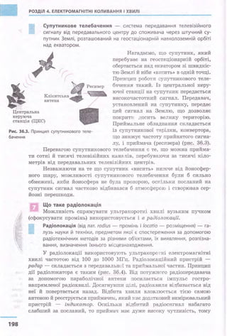 РОЗДІЛ 4. ЕЛЕКТРОМАГНІТНІ КОЛИВАННЯ І ХВИЛІ
І
------------------------------
Супутникове телебачення - система передавання телевізійного
сигналу від передавального центру до споживача через штучний су­
путник Землі, розташований на геостаціонарній навколоземній орбіті
над екватором.
'rr
Клієнтська
антена
Ресивер
"
/
Центральна
керуюча
станція (ЦКС)
ІІІ
Нагадаємо, що супутник, який
перебуває на геостаціонарній орбіті,
обертається над екватором зі швидкіс­
тю Землі й ніби «висить» в одній точці.
Принцип роботи супутникового теле­
бачення такий. Із центральної керу­
ючої станції на супутник передається
високочастотний сигнал. Передавач,
установлений на супутнику, передає
цей сигнал на Землю, що дозволяє
покрити досить велику територію.
Приймальне обладнання складається
із супутникової тарілки, конвертора,
що знижує частоту прийнятого сигна-
Рис. 36.3. Принцип супутникового теле­
бачення
198
лу, і приймача (ресивера) (рис. 36.3).
Перевагою супутникового телебачення є те, що можна· прийма­
ти сотні й тисячі телевізійних каналів, перебуваючи за тисячі кіло­
метрів від передавальних телевізійних центрів.
Незважаючи на те що супутник «висить» нижче від йоносфер­
ного шару, можливості супутникового телебачення були б сильно
обмежені, якби йоносфера не була прозорою, оскільки посланий на
супутник сигнал частково відбивався б атмосферою і створював сер-
йозні перешкоди.
Що таке радіолокація
Можливість спрямувати ультракороткі хвилі вузьким пучком
(сфокусувати промінь) використовується і в радіолокації.
Радіолокація (від лат. radius - промінь і locatio - розміщення) - га­
лузь науки й техніки, предметом якої є спостереження за допомогою
радіотехнічних методів за різними об'єктами, їх виявляння, розпізна­
вання, визначення їхнього місцезнаходження.
У радіолокації використовують ультракороткі електромагнітні
хвилі частотою від 100 до 1000 МГц. Радіолокаційний пристрій -
радар - складається з передавальної та приймальної частин. Принцип
дії радіолокатора є таким (рис. 36.4). Від потужного радіопередавача
за допомогою параболічної антени посилається імпульс гостро­
напрямленої радіохвилі. Досягнувши ц1лі, радіохвиля відбивається від
неї й повертається назад. Відбита хвиля вловлюється тією самою
антеною й реєструється приймачем, який кає додатковий вимірювальний
пристрій - індикатор. Оскільки відбитий радіосигнал набагато
слабший за посланий, то приймач має дуже високу чутливість, тому
 