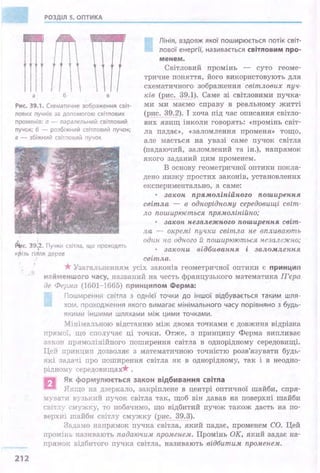 РОЗДІЛ 5. ОПТИ КА
1;;.:'
' '
а б в
Лінія, вздовж якої поширюється потік світ­
лової енергії, називається світловим про­
менем.
Рис. 39.1. Схематичне зображення світ­
ло вих пучків за допомогою світл ових
променів: а - паралельний світлов ий
пучок; б - розбіжний світловий пучок;
в - збіжний світловий пучок
Світловий промінь - суто геоме­
тричне поняття, його використовують для
схематичного зображення світлових пуч­
ків (рис. 39.1). Саме зі світловими пучка­
ми ми маємо справу в реальному житті
(рис. 39.2). І хоча під час описання світло­
вих .явищ інколи говорять: «промінь світ­
ла падає» , «заломлення променя» тощо,
але мається на увазі саме пучок світла
(падаючий , заломлений та ін.), напрямок
якого заданий цим променем.
В основу геометричної оптики покла­
дено низку простих законів, установлених
експериментально, а саме:
• закон прямолінійного поширення
світла - в однорідно.му середовищі світ­
ло поширюється прямолінійно;
~с. 39;:'2, Пучки світла, що проходять
крізь гіrіля дерев
• закон незалежного поширення світ­
л.а - окремі пучки світла не впливають
один на одтіого й поширюються незалежн,о;
• закони відбивапня і заломлення
світла.
212
*-Узагальненням усіх законів геометричної оптики є принцип
найменшого часу, названий на честь французького матема·гика П'єра
де Ферм.а (1601-1665) принципом Ферма:
Поширення світла з однієї точки до іншої відбувається таким шля­
хом, проходження якого вимагає мінімального часу порівняно з будь-
якими іншими шляха ми між цими точками.
Мінімальною відстанню між двома точками є довжина відрізка
прямої, що сполучає ці точки. Отже, з принципу Ферма випливає
закон прямолінійного поширення світла в однорідному середовищі.
Цей принцип дозволяє з математичною точністю розв'язувати будь­
які задачі про поширення світла як в однорідному, так і в неодно­
рідному середовищах* .
Як формулюється за кон відбивання світnа
Якщо на дзеркало, закріплене в центрі оптичної шайби, спр.я­
мува'І'И вузький пучок світла так, щоб він давав на поверхні шайби
св1тлу смужку, то побачимо, що відбитий пучок також дасть на по­
верхні шайби світлу смужку (рис. 39.3).
Задамо напрямок пучка світла, .який падає, променем СО. Цей
промінь називають падаючим. променем . Промінь ОК, який задає на­
прямок відбитого пучка світла, називають відбитим променем.
 
