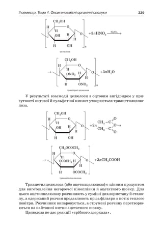 II семестр. Тема 4. Оксигеновмісні органічні сполуки	 239
+  →3 3
2 4
nHNO H SO
целюлоза
→ +3 2nH O
тринітрат целюлози
У результаті взаємодії целюлози з оцтовим ангідридом у при-
сутності оцтової й сульфатної кислот утворюється триацетилцелю-
лоза.
+3n →
→ +3 3nCH COOH
триацетилцелюлоза
Триацетилцелюлоза (або ацетилцелюлоза) є цінним продуктом
для виготовлення негорючої кіноплівки й ацетатного шовку. Для
цього ацетилцелюлозу розчиняють у суміші дихлорметану й етано-
лу, а одержаний розчин продавлюють крізь фільєри в потік теплого
повітря. Розчинник випаровується, а струмені розчину перетворю-
ються на найтонші нитки ацетатного шовку.
Целюлоза не дає реакції «срібного дзеркала».
 