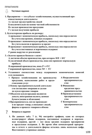 ПРАКТИКУМ
1. Предприятие — это субъект хозяйствования, осуществляющий про­
изводственную деятельность:
А с целью трудоустройства людей
Б исключительно на основе частной собственности
В с целью производства продукции
Г с целью получения прибыли
2. Бухгалтерская прибыль по размеру:
А превышает экономическую прибыль, поскольку она определяется
без учета внутренних, неявных издержек
Б превышает экономическую прибыль, поскольку она определяется
без учета налогов и процента за кредит
В превышает экономическую прибыль, поскольку она определяется
без учета постоянных и переменных издержек
Г равна выручке от реализации
3. «Золотое правило бизнеса» гласит:
А достигни объема производства, при котором MR = МС
Б увеличивай объем производства, пока оно приносит нормальную
прибыль
В наращивай производство, пока Р>АТС
Г наращивай производство, пока TR = TC
4. Установите соответствие между содержанием экономических понятий
и их названием.
1 Процесс хозяйствования по производству
продукции, выполнению работ и предо­
ставлению услуг
2 Основу предпринимательской деятельно­
сти составляют операции и сделки
по купле-продаже товаров
3 Объектом купли-продажи являются
деньги, иностранная валюта, ценные
бумаги (акции и облигации)
4 Предприниматель сам не производит
и не продает товар, а связывает людей,
фирмы в процессе товарного обмена
А Посредническое
предприниматель­
ство
Б Финансово­
кредитное пред­
принимательство
В Производственное
предприниматель­
ство
Г Коммерческое
предприниматель­
ство
Вопросы и задания
1. По данным табл. 7 (с. 94) постройте графики, один из которых
иллюстрирует общие издержки, постоянные издержки и перемен­
ные издержки, другой — все виды средних издержек предприятия
и предельные издержки. 2. Во время сбоя компьютерной програм­
мы в отчете о деятельности фирмы остались лишь несколько цифр.
Восстановите утерянные данные.
109
Тестовые задания
 
