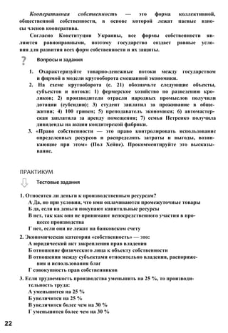 Кооперативная собственность — это форма коллективной,
общественной собственности, в основе которой лежат паевые взно­
сы членов кооператива.
Согласно Конституции Украины, все формы собственности яв­
ляются равноправными, поэтому государство создает равные усло­
вия для развития всех форм собственности и их защиты.
1. Охарактеризуйте товарно-денежные потоки между государством
и фирмой в модели кругооборота смешанной экономики.
2. На схеме кругооборота (с. 21) обозначьте следующие объекты,
субъектов и потоки: 1) фермерское хозяйство по разведению кро­
ликов; 2) производители отрасли народных промыслов получили
дотации (субсидии); 3) студент заплатил за проживание в обще­
житии; 4) 100 гривен; 5) преподаватель экономики; 6) автомастер­
ская заплатила за аренду помещения; 7) семья Петренко получила
дивиденды на акции кондитерской фабрики.
3. «Право собственности — это право контролировать использование
определенных ресурсов и распределять затраты и выгоды, возни­
кающие при этом» (Пол Хейне). Прокомментируйте это высказы­
вание.
1. Относятся ли деньги к производственным ресурсам?
А Да, но при условии, что ими оплачиваются промежуточные товары
Б да, если на деньги покупают капитальные ресурсы
В нет, так как они не принимают непосредственного участия в про­
цессе производства
Г нет, если они не лежат на банковском счету
2. Экономическая категория «собственность» — это:
А юридический акт закрепления прав владения
Б отношение физического лица к объекту собственности
В отношения между субъектами относительно владения, распоряже­
ния и использования благ
Г совокупность прав собственников
3. Если трудоемкость производства уменьшить на 25 %, то производи­
тельность труда:
А уменьшится на 25 %
Б увеличится на 25 %
В увеличится более чем на 30 %
Г уменьшится более чем на 30 %
ПРАКТИКУМ
Тестовые задания
Вопросы и задания
22
 