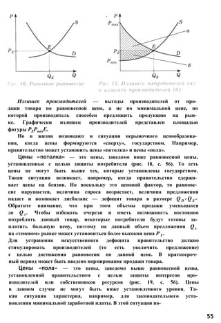 Излишек производителей — выгоды производителей от про­
дажи товара по равновесной цене, а не по минимальной цене, по
которой производитель способен предложить продукцию на рын­
ке. Графически излишек производителей представлен площадью
фигуры РЕРminЕ.
Но в жизни возникают и ситуации нерыночного ценообразова­
ния, когда цены формируются «сверху», государством. Например,
правительство может установить цены «потолка» и цены «пола».
Цены «потолка» — это цены, заведомо ниже равновесной цены,
установленные с целью защиты потребителя (рис. 18, с. 56). То есть
цены не могут быть выше тех, которые установлены государством.
Такая ситуация возникает, например, когда правительство сдержи­
вает цены на бензин. Но поскольку это ценовой фактор, то равнове­
сие нарушается, величина спроса возрастает, величина предложения
падает и возникает дисбаланс — дефицит товара в размере Q D - Q S -
Обратите внимание, что при этом объемы продажи уменьшатся
до Q s . Чтобы избежать очереди и иметь возможность постоянно
потреблять данный товар, некоторые потребители будут готовы за­
платить большую цену, поэтому на данный объем предложения Q s
на «теневом» рынке может установиться более высокая цена Р Т .
Для устранения искусственного дефицита правительство должно
стимулировать производителей (то есть увеличить предложение)
с целью достижения равновесия по данной цене. В краткосроч­
ный период может быть введено нормирование продажи товара.
Цены «пола» — это цены, заведомо выше равновесной цены,
установленной правительством с целью защиты интересов про­
изводителей или собственников ресурсов (рис. 19, с. 56). Цены
в данном случае не могут быть ниже установленного уровня. Та­
кая ситуация характерна, например, для законодательного уста­
новления минимальной заработной платы. В этой ситуации по-
55
 