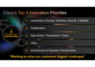 1   Leadership in Routing, Switching, Security & Mobility


          2   Collaboration


          3   Data Center / Virtualization / Cloud


          4   Video


          5   Architectures for Business Transformation

“Working to solve our customers biggest challenges”
 