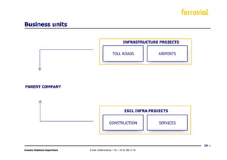 Business units

                                                                  INFRASTRUCTURE PROJECTS


                                                      TOLL ROADS                  AIRPORTS




PARENT COMPANY




                                                                   EXCL INFRA PROJECTS


                                                   CONSTRUCTION                   SERVICES




                                                                                             19
Investor Relations Department   E-mail: ir@ferrovial.es – Tel: +34 91 586 27 30
 