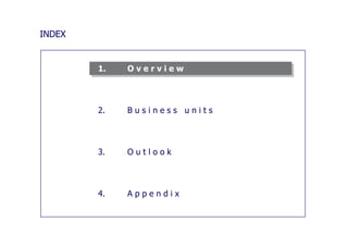 INDEX


        1.   Overview




        2.   Business units




        3.   Outlook




        4.   Appendix
 