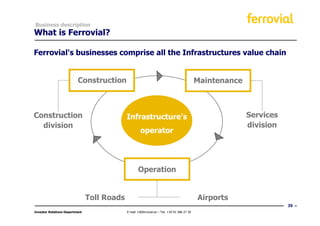 Business description
What is Ferrovial?

Ferrovial's businesses comprise all the Infrastructures value chain


                          Construction                                                         Maintenance



Construction                                 Infrastructure's                                                Services
  division                                                                                                   division
                                                      operator




                                                     Operation


                                Toll Roads                                                     Airports
                                                                                                                        35
Investor Relations Department                E-mail: ir@ferrovial.es – Tel: +34 91 586 27 30
 
