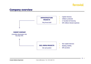 Company overview

                                                                                   •   Capital intensive
                                            INFRASTRUCTURE
                                                                                   •   Inflation protected
                                                   PROJECTS
                                                                                   •   LT duration & financing
                                                Ring fenced debt                   •   EPS reflects interest expenses




       PARENT COMPANY
   Controlling Shareholder 46%
          Free float 54%




                                                                                   •   Non capital intensive
                                         EXCL INFRA PROJECTS                       •   Backlog visibility
                                                Net cash position                  •   EPS accretive




                                                                                                                        4
Investor Relations Department    E-mail: ir@ferrovial.es – Tel: +34 91 586 27 30
 