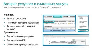 © 2015 Cisco and/or its affiliates. All rights reserved. Cisco Public
Возврат ресурсов в считанные минуты
Интеллектуальные возможности “отката” сценариев
Rollback
•  Возврат ресурсов
•  Понимает текущее состояние
•  Автоматический сценарий
“отката”
Применение
•  Тестирование сценариев
•  Тестирование DR
•  Окончание аренды ресурсов
18
 