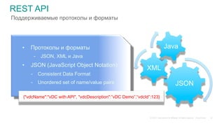 © 2015 Cisco and/or its affiliates. All rights reserved. Cisco Public
•  Протоколы и форматы
-  JSON, XML и Java
•  JSON (JavaScript Object Notation)
-  Consistent Data Format
-  Unordered set of name/value pairs
REST API
Поддерживаемые протоколы и форматы
JSON
XML
Java
{"vdcName":"vDC with API", "vdcDescription":”vDC Demo”,“vdcId”:123}
41
 