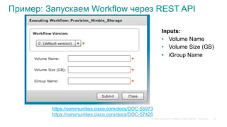 © 2015 Cisco and/or its affiliates. All rights reserved. Cisco Public
Пример: Запускаем Workflow через REST API
Inputs:
•  Volume Name
•  Volume Size (GB)
•  iGroup Name
https://communities.cisco.com/docs/DOC-55973
https://communities.cisco.com/docs/DOC-57426
48
 