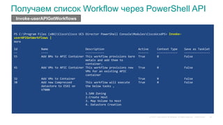 © 2015 Cisco and/or its affiliates. All rights reserved. Cisco Public
Получаем список Workflow через PowerShell API
Invoke-userAPIGetWorkflows
PS	C:Program	Files	(x86)CiscoCisco	UCS	Director	PowerShell	ConsoleModulesCiscoUcsdPS>	Invoke-
userAPIGetWorkflows	|	
more	
	
Id														Name																						Description																				Active					Context	Type				Save	as	Tasklet	
--														----																						-----------																				------					------------				---------------	
55														Add	BMs	to	APIC	Container	This	workflow	provisions	bare		True							0															False	
																																										metals	and	add	them	to	
																																										container.	
41														Add	VMs	to	APIC	Container	This	workflow	provisions	new			True							0															False	
																																										VMs	for	an	existing	APIC	
																																										container	
32														Add	VMs	to	Container																																					True							0															False	
38														Add	new	Compressed								This	workflow	will	execute					True							0															False	
																datastore	to	ESXI	on						the	below	tasks	,	
																V7000	
																																										1.SAN	Zoning	
																																										2.Create	Host	
																																										3.	Map	Volume	to	Host	
																																										4.	Datastore	Creation																																										
55
 