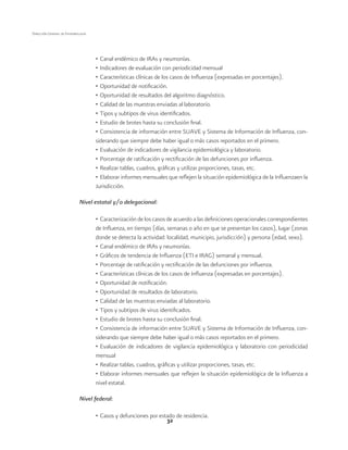 32 
Dirección General de Epidemiología 
• Canal endémico de IRAs y neumonías. 
• Indicadores de evaluación con periodicidad mensual 
• Características clínicas de los casos de Influenza (expresadas en porcentajes). 
• Oportunidad de notificación. 
• Oportunidad de resultados del algoritmo diagnóstico. 
• Calidad de las muestras enviadas al laboratorio. 
• Tipos y subtipos de virus identificados. 
• Estudio de brotes hasta su conclusión final. 
• Consistencia de información entre SUAVE y Sistema de Información de Influenza, con-siderando 
que siempre debe haber igual o más casos reportados en el primero. 
• Evaluación de indicadores de vigilancia epidemiológica y laboratorio. 
• Porcentaje de ratificación y rectificación de las defunciones por influenza. 
• Realizar tablas, cuadros, gráficas y utilizar proporciones, tasas, etc. 
• Elaborar informes mensuales que reflejen la situación epidemiológica de la Influenzaen la 
Jurisdicción. 
Nivel estatal y/o delegacional: 
• Caracterización de los casos de acuerdo a las definiciones operacionales correspondientes 
de Influenza, en tiempo (días, semanas o año en que se presentan los casos), lugar (zonas 
donde se detecta la actividad: localidad, municipio, jurisdicción) y persona (edad, sexo). 
• Canal endémico de IRAs y neumonías. 
• Gráficos de tendencia de Influenza (ETI e IRAG) semanal y mensual. 
• Porcentaje de ratificación y rectificación de las defunciones por influenza. 
• Características clínicas de los casos de Influenza (expresadas en porcentajes). 
• Oportunidad de notificación. 
• Oportunidad de resultados de laboratorio. 
• Calidad de las muestras enviadas al laboratorio. 
• Tipos y subtipos de virus identificados. 
• Estudio de brotes hasta su conclusión final. 
• Consistencia de información entre SUAVE y Sistema de Información de Influenza, con-siderando 
que siempre debe haber igual o más casos reportados en el primero. 
• Evaluación de indicadores de vigilancia epidemiológica y laboratorio con periodicidad 
mensual 
• Realizar tablas, cuadros, gráficas y utilizar proporciones, tasas, etc. 
• Elaborar informes mensuales que reflejen la situación epidemiológica de la Influenza a 
nivel estatal. 
Nivel federal: 
• Casos y defunciones por estado de residencia. 
 