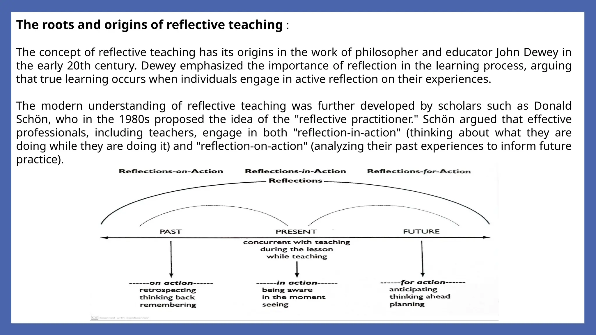 The roots and origins of reflective teaching :
The concept of reflective teaching has its origins in the work of philosopher and educator John Dewey in
the early 20th century. Dewey emphasized the importance of reflection in the learning process, arguing
that true learning occurs when individuals engage in active reflection on their experiences.
The modern understanding of reflective teaching was further developed by scholars such as Donald
Schön, who in the 1980s proposed the idea of the "reflective practitioner." Schön argued that effective
professionals, including teachers, engage in both "reflection-in-action" (thinking about what they are
doing while they are doing it) and "reflection-on-action" (analyzing their past experiences to inform future
practice).
 