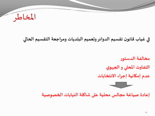 ‫املخاطر‬
‫الحالي‬ ‫التقسيم‬ ‫ومراجعة‬ ‫البلديات‬ ‫وتعميم‬‫الدوائر‬ ‫تقسيم‬ ‫ن‬‫قانو‬ ‫غياب‬ ‫في‬
‫ر‬‫الدستو‬ ‫مخالفة‬
‫املحلي‬ ‫التفاوت‬‫و‬‫ي‬‫الجهو‬
‫االنتخابات‬ ‫إجراء‬ ‫إمكانية‬ ‫عدم‬
‫شاكلة‬ ‫على‬ ‫محلية‬ ‫مجالس‬ ‫صياغة‬ ‫إعادة‬‫النيابات‬‫الخصوصية‬
10
 