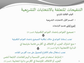 ‫التنقيحات‬‫التشريعية‬ ‫باالنتخابات‬ ‫املتعلقة‬
-‫الثالث‬ ‫الباب‬‫املترشح‬
•‫ل‬‫األو‬ ‫القسم‬‫التشريعية‬ ‫االنتخابات‬
‫ا‬‫الثاني‬ ‫لفرع‬‫تقديم‬‫الترشحات‬
+‫التكميلية‬ ‫القوائم‬ ‫باعتماد‬ ‫القوائم‬ ‫تصحيح‬(‫الفصل‬21)
‫التكميلية‬ ‫القوائم‬ ‫باعتماد‬ ‫التصحيح‬ ‫إمكانية‬ ‫حاالت‬ ‫في‬ ‫القوائم‬ ‫إسقاط‬ ‫تجنب‬
+‫قائمة‬ ‫من‬‫أكثر‬ ‫في‬ ‫االئتالف‬‫أو‬ ‫الحزب‬ ‫اك‬‫ر‬‫اشت‬ ‫منع‬‫مترشحة‬‫ف‬‫ي‬
‫ا‬‫ذاتها‬ ‫االنتخابية‬ ‫لدائرة‬(‫الفصل‬22).
‫تجنب‬‫إستغالل‬‫املقاعد‬ ‫من‬‫أكبر‬ ‫عدد‬ ‫على‬ ‫ل‬‫للحصو‬ ‫اع‬‫ر‬‫االقت‬ ‫نظام‬
+‫اط‬‫ر‬‫إشت‬‫التسمية‬ ‫نفس‬ ‫استخدام‬‫و‬‫لنفس‬ ‫التابعة‬ ‫للقائمات‬‫الرمز‬
‫االئتالف‬‫أو‬ ‫الحزب‬‫املترشحة‬‫في‬‫اكثر‬‫انتخابية‬ ‫دائرة‬ ‫من‬.(‫الفصل‬22). 25
 