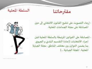 ‫مقترحاتنا‬
-‫املحل‬ ‫بالسلطة‬ ‫املرتبطة‬ ‫القوانين‬ ‫على‬ ‫املصادقة‬‫قبل‬ ‫ية‬
‫االنتخابات‬ ‫إجراء‬(‫البلدي‬ ‫التقسيم‬ ‫إعادة‬‫و‬‫ي‬‫الجهو‬
‫الج‬ ‫مجلة‬ ،‫املناطق‬ ‫مختلف‬ ‫بين‬ ‫ن‬‫التواز‬ ‫يضمن‬ ‫بما‬‫باية‬
‫املجلة‬ ،‫املحلية‬‫ة‬ّ‫الجبائي‬)...
-‫ح‬ ‫إلى‬ ‫االنتخابي‬ ‫ن‬‫القانو‬ ‫تنقيح‬ ‫على‬ ‫التصويت‬ ‫جاء‬‫ر‬‫إ‬‫ين‬
‫املحلية‬ ‫الجماعات‬ ‫مجلة‬ ‫على‬ ‫املصادقة‬.
‫املحلية‬ ‫السلطة‬
CARICATURE DE Zelda Zonk
31
 