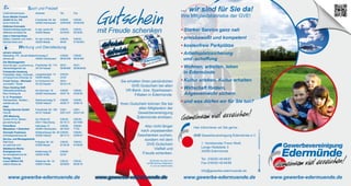 Sport und Freizeit 
Unternehmen/www. Adresse Tel. Fax 
Kuno Mobile Freizeit 
GmbH & Co. KG 
Frankfurter Str. 6a 
0 56 65- 
kuno-mobil.de 
34295 Holzhausen 
40 64 830 
0 56 65- 
40 64 839 
Defense-Concepts 
Selbstverteidigungskurse 
defense-concepts.de 
In der Lache 28 
34295 Besse 
0 56 03- 
92 30 63 
0 56 03- 
92 30 62 
Uwe´s Fahrrad-Ecke 
Räder, Zubehör und mehr... 
fahrrad-ecke.com 
An der Linde 4a 
34295 Besse 
0 56 03- 
69 45 
0 56 03- 
91 90 08 0 
advars network 
Marketing, PR , Social Media 
advars.de 
Kirchweg 5 
34295 Holzhausen 
0 56 65- 
96 90 459 
0 56 65- 
96 90 462 
Die Werbeagenten 
Beschriftungen, Leuchtwerbung... 
diewerbeagenten.de 
Frankfurter Str. 174 
34134 Kassel 
05 61- 
58 98 980 
05 61- 
58 98 98 58 
Fotostudio Amelung 
Passbilder, Baby, Hochzeit... 
schnappschuss-fotodesign.de 
Langenbergstr. 14 
34295 Besse 
0 56 03- 
23 24 - 
Frank Facius - Wortwelt 
Journalist / Texter 
Im Eichenhof 24 
34125 Kassel 
05 61- 
50 33 174 - 
Flexx Hosting GbR 
Webseitenerstellung 
flexx-hosting.de 
Am Bornrain 18 
34295 Holzhausen 
0 56 65- 
40 81 18 
0 56 65- 
40 82 59 
H. H. Promotion 
Werbeartikel, Textilien... 
werbenuss.de 
Steinbuschweg 31 
34295 Haldorf 
0 56 65- 
40 80 17 
0 56 65- 
40 80 18 
HNA 
Verlag Dierichs GmbH 
hna.de 
Frankfurter Str. 168 
34121 Kassel 
0 561- 
203 13 27 
0 561- 
203 21 93 
JPS Werbung 
Online-/Print, Messe... 
jps-werbung.de 
Zur Pforte 25 
34311 Naumburg 
0 56 25- 
92 15 13 
0 56 25- 
92 19 66 
Persoflexx 
Messebau + Zeitarbeit 
Hahnweg 13 
34295 Holzhausen 
0 56 65- 
96 18 53 
0 56 65- 
77 63 
Schnelle Postmaus 
schnellepostmaus.de 
Wolfershäuser Str. 26 
34295 Haldorf 
0 56 65- 
96 14 13 
0 56 65- 
40 85 47 
Service- und Montagebetrieb 
Ralf Dutz 
ec-automat.com 
Fritzlarer Str. 24 
34295 Besse 
0 56 03 - 
91 84 39 
0 56 03 - 
91 89 08 
Städtische Werke 
Energieservice 
sw-energieservice.de 
Kiefernweg 20 
34295 Grifte 
0 56 65- 
52 20 - 
Verlag + Druck 
Linus Wittich KG 
wittich-fritzlar.de 
Waberner Str. 18 
34560 Fritzlar 
0 56 22- 
80 06 60 
0 56 22- 
80 06 18 
Werbung und Dienstleistung 
