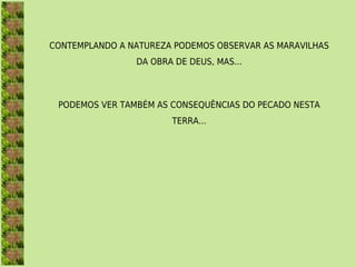 CONTEMPLANDO A NATUREZA PODEMOS OBSERVAR AS MARAVILHAS
                DA OBRA DE DEUS, MAS...



 PODEMOS VER TAMBÉM AS CONSEQUÊNCIAS DO PECADO NESTA
                       TERRA...
 