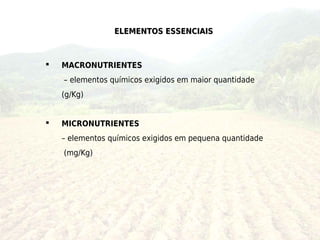 ELEMENTOS ESSENCIAIS



   MACRONUTRIENTES
    – elementos químicos exigidos em maior quantidade
    (g/Kg)


   MICRONUTRIENTES
    – elementos químicos exigidos em pequena quantidade
    (mg/Kg)
 