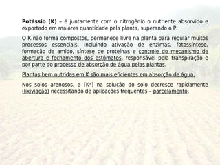 Potássio (K) – é juntamente com o nitrogênio o nutriente absorvido e
exportado em maiores quantidade pela planta, superando o P.
O K não forma compostos, permanece livre na planta para regular muitos
processos essenciais, incluindo ativação de enzimas, fotossíntese,
formação de amido, síntese de proteínas e controle do mecanismo de
abertura e fechamento dos estômatos, responsável pela transpiração e
por parte do processo de absorção de água pelas plantas.
Plantas bem nutridas em K são mais eficientes em absorção de água.
Nos solos arenosos, a [K+] na solução do solo decresce rapidamente
(lixiviação) necessitando de aplicações frequentes – parcelamento.
 