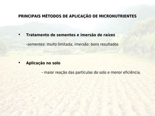 PRINCIPAIS MÉTODOS DE APLICAÇÃO DE MICRONUTRIENTES



   Tratamento de sementes e imersão de raízes

    -sementes: muito limitada; imersão: bons resultados



   Aplicação no solo

            - maior reação das partículas do solo e menor eficiência.
 