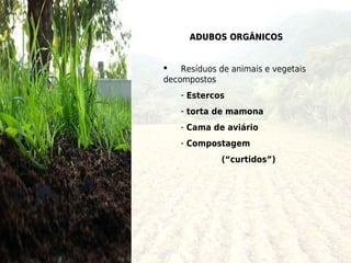 ADUBOS ORGÂNICOS


   Resíduos de animais e vegetais
decompostos
    - Estercos
    - torta de mamona
    - Cama de aviário
    - Compostagem
             (“curtidos”)
 
