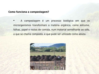 Como funciona a compostagem? 


        A compostagem é um processo biológico em que os
   microrganismos transformam a matéria orgânica, como estrume,
   folhas, papel e restos de comida, num material semelhante ao solo,
   a que se chama composto, e que pode ser utilizado como adubo.
 