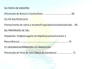 54) PASTA DE ENXOFRE:

(Prevenção de Brocas e Cochonilhas) .......................................... 69

55) PÓ SULFOCÁLCICO:

(Fornecimento de cálcio e enxofre/Fungicida/Acaricida/Inseticida) .. 69

56) PREPARADO DE SAL:

(Repelente: Pulgões/Lagarta do Repolho/Lesmas/Caracóis e

Mosca Branca) ......................................................................... 70

57) BUGANVÍLIA/PRIMAVERA OU MARAVILHA:

(Prevenção do Vírus do vira Cabeça do Tomateiro) ....................... 71
 