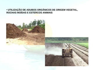 • UTILIZAÇÃO DE ADUBOS ORGÂNICOS DE ORIGEM VEGETAL,
ROCHAS MOÍDAS E ESTERCOS ANIMAIS
 