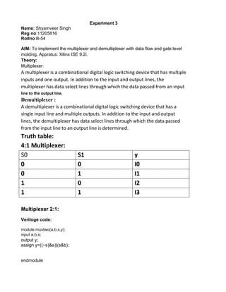 Verilog VHDL code Multiplexer and De Multiplexer | PDF