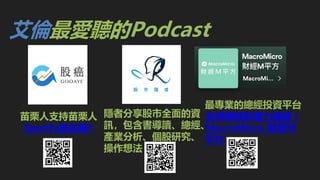 艾倫最愛聽的Podcast
苗栗人支持苗栗人
Spotify排名第1
隱者分享股市全面的資
訊，包含書導讀、總經、
產業分析、個股研究、
操作想法
最專業的總經投資平台
全球總經影響力論壇 |
MacroMicro 財經M
平方
 