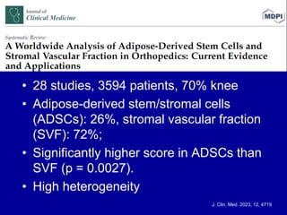 • 28 studies, 3594 patients, 70% knee
• Adipose-derived stem/stromal cells
(ADSCs): 26%, stromal vascular fraction
(SVF): 72%;
• Significantly higher score in ADSCs than
SVF (p = 0.0027).
• High heterogeneity
J. Clin. Med. 2023, 12, 4719
 