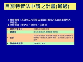 ❖醫療機構：高雄市立大同醫院(委託財團法人私立高雄醫學大
學經營)
❖操作醫師：傅尹志、陳崇桓、王應鈞
• 細胞治療項目 自體脂肪幹細胞移植
• 適應症 退化性關節炎及膝關節軟骨缺損
• 目的
利用自體脂肪幹細胞治療退化性關節炎及膝骨關節軟
骨缺損，修復受損之膝骨關節，緩解病患之臨床不適
症狀
• 醫療機構類別 100床以上醫院
目前特管法申請之計畫(通過)
 