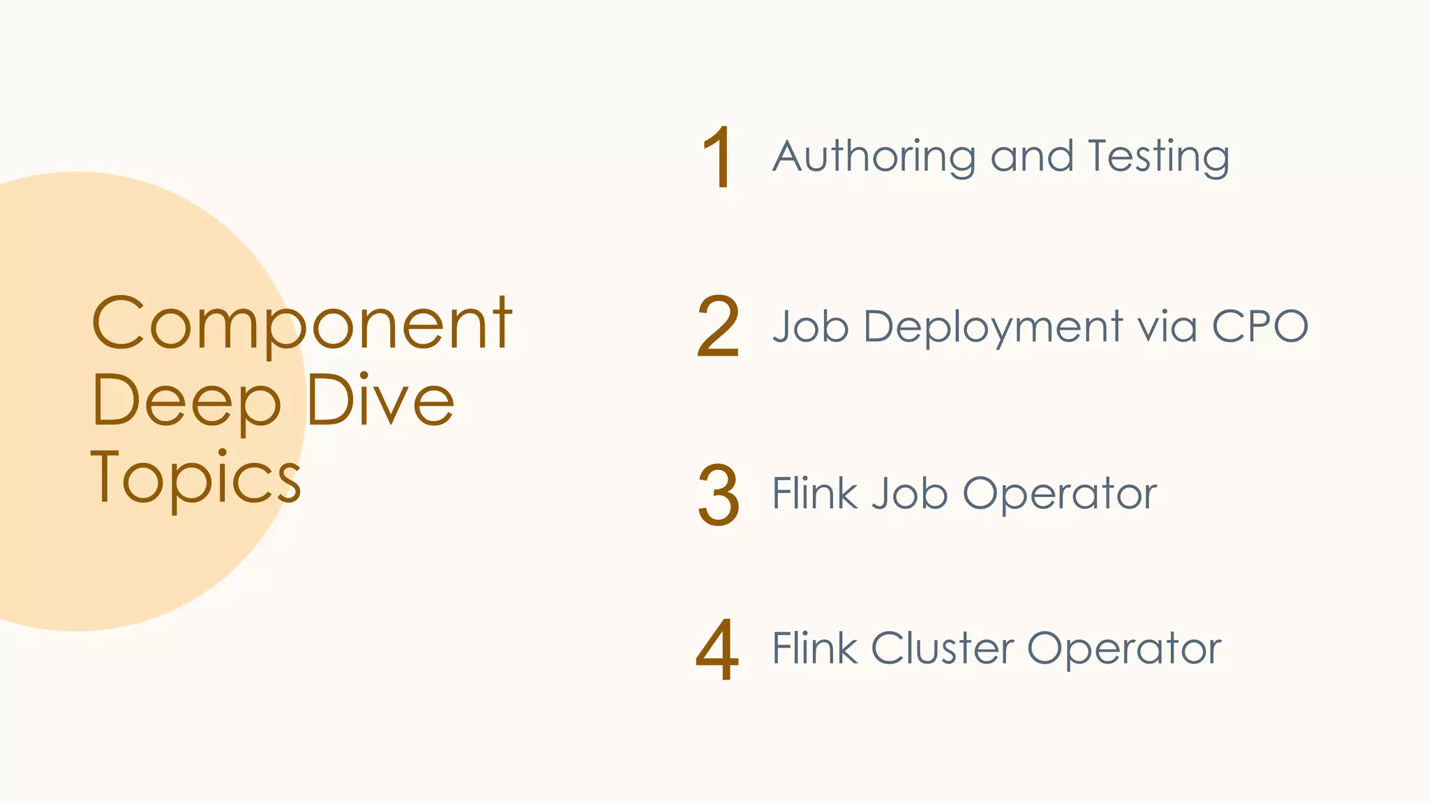 1
2
3
4
Component
Deep Dive
Topics
Authoring and Testing
Job Deployment via CPO
Flink Job Operator
Flink Cluster Operator
 
