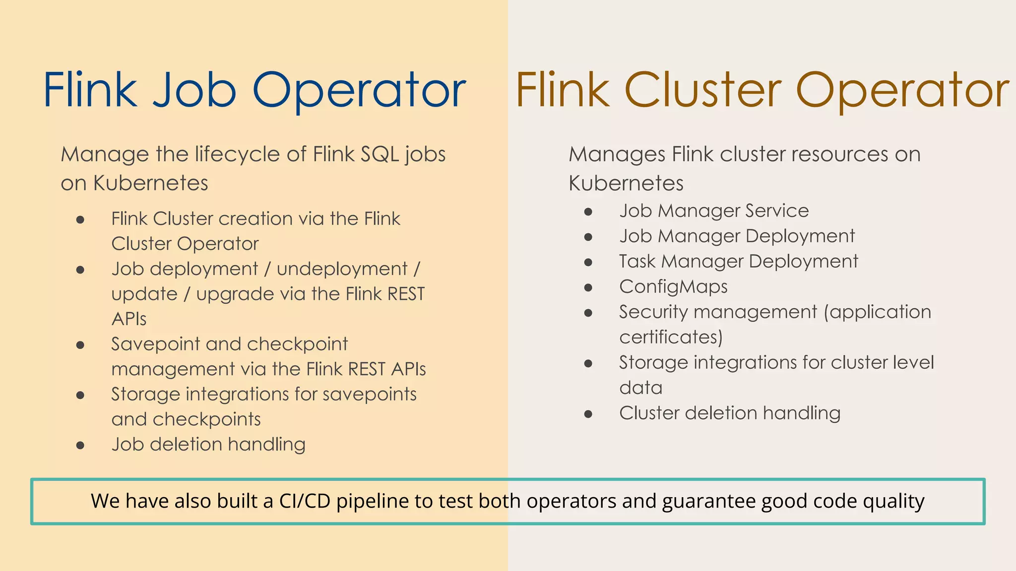 Flink Job Operator
Manage the lifecycle of Flink SQL jobs
on Kubernetes
● Flink Cluster creation via the Flink
Cluster Operator
● Job deployment / undeployment /
update / upgrade via the Flink REST
APIs
● Savepoint and checkpoint
management via the Flink REST APIs
● Storage integrations for savepoints
and checkpoints
● Job deletion handling
Manages Flink cluster resources on
Kubernetes
● Job Manager Service
● Job Manager Deployment
● Task Manager Deployment
● ConfigMaps
● Security management (application
certificates)
● Storage integrations for cluster level
data
● Cluster deletion handling
Flink Cluster Operator
We have also built a CI/CD pipeline to test both operators and guarantee good code quality
 