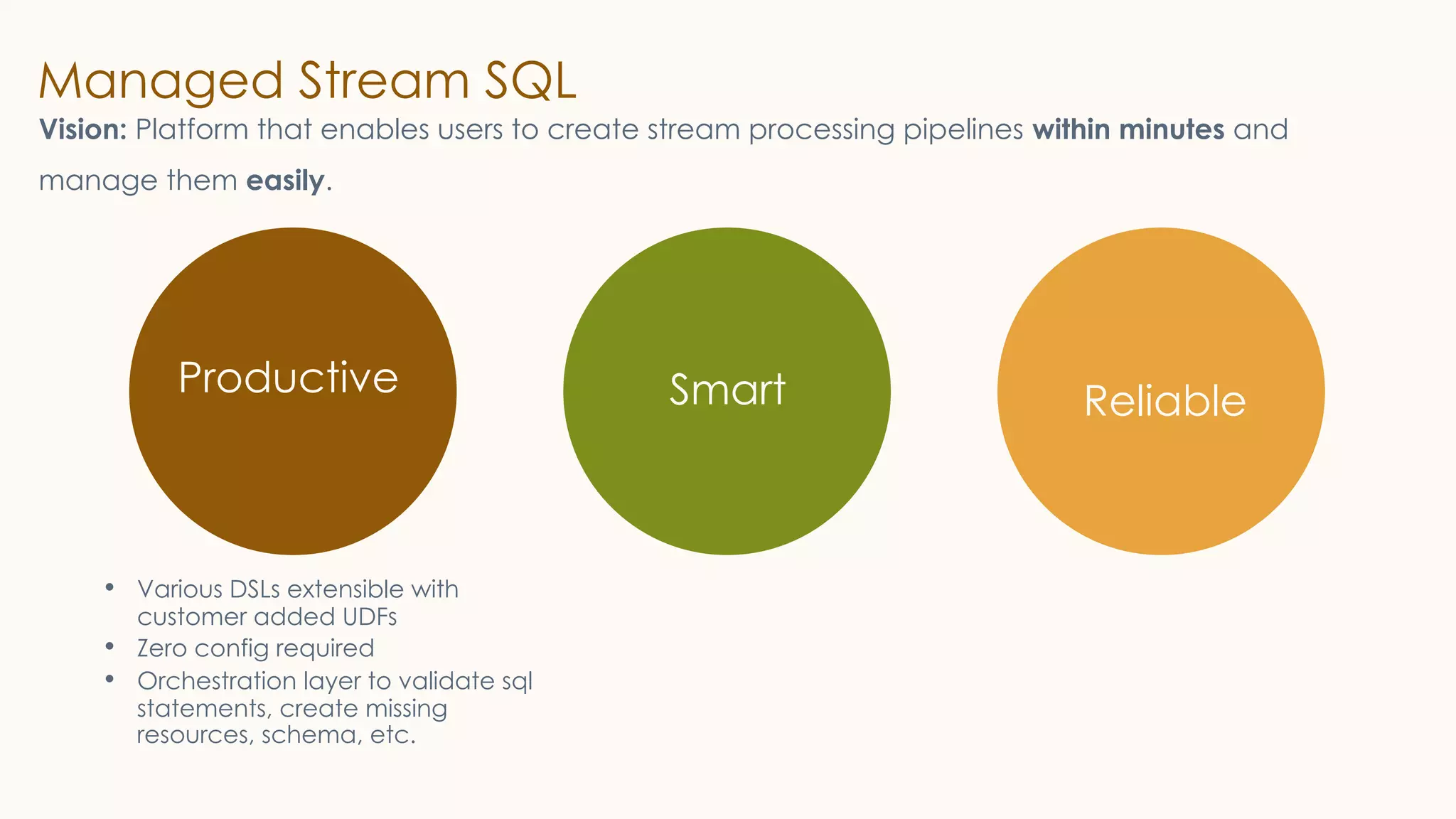 Managed Stream SQL
Productive
Reliable
Smart
Vision: Platform that enables users to create stream processing pipelines within minutes and
manage them easily.
• Various DSLs extensible with
customer added UDFs
• Zero config required
• Orchestration layer to validate sql
statements, create missing
resources, schema, etc.
 