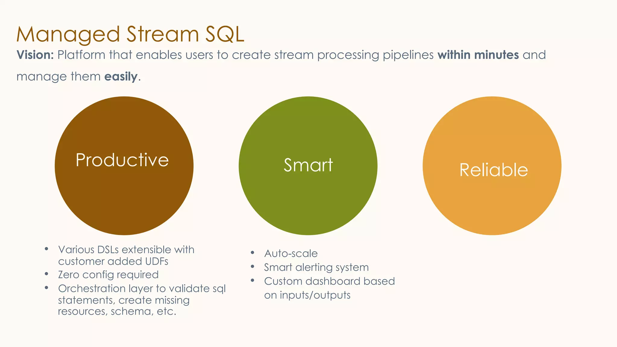 Managed Stream SQL
Productive
Reliable
Smart
Vision: Platform that enables users to create stream processing pipelines within minutes and
manage them easily.
• Various DSLs extensible with
customer added UDFs
• Zero config required
• Orchestration layer to validate sql
statements, create missing
resources, schema, etc.
• Auto-scale
• Smart alerting system
• Custom dashboard based
on inputs/outputs
 
