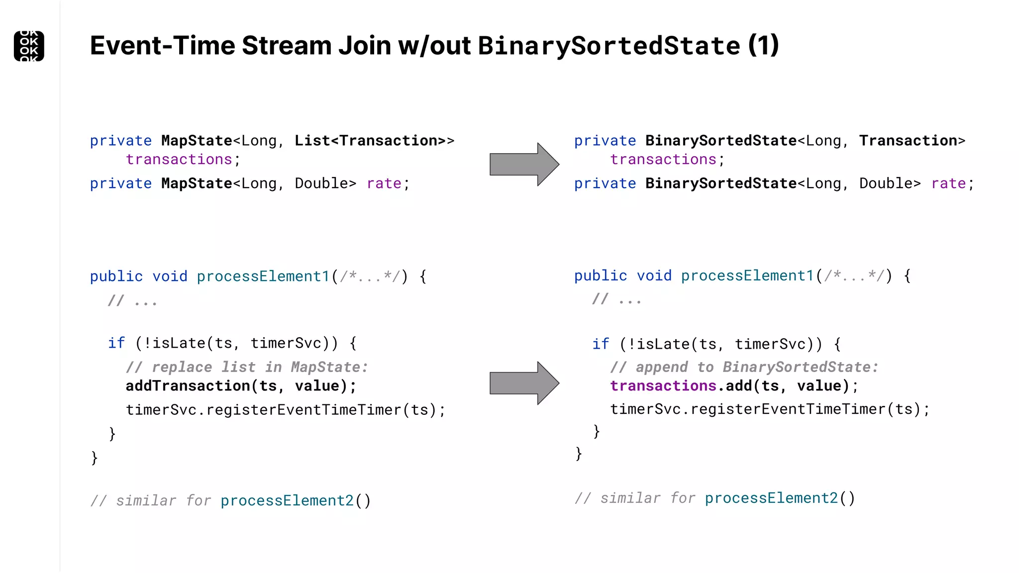 Event-Time Stream Join w/out BinarySortedState (1) private BinarySortedState<Long, Transaction> transactions; private BinarySortedState<Long, Double> rate; private MapState<Long, List<Transaction>> transactions; private MapState<Long, Double> rate; public void processElement1(/*...*/) { // ... if (!isLate(ts, timerSvc)) { // append to BinarySortedState: transactions.add(ts, value); timerSvc.registerEventTimeTimer(ts); } } // similar for processElement2() public void processElement1(/*...*/) { // ... if (!isLate(ts, timerSvc)) { // replace list in MapState: addTransaction(ts, value); timerSvc.registerEventTimeTimer(ts); } } // similar for processElement2() 