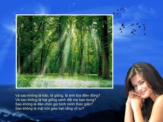 Và sao không là bão, là giông, là ánh lửa đêm đông? Và sao không là hạt giống xanh đất mẹ bao dung? Sao không là đàn chim gọi bình minh thức giấc? Sao không là mặt trời gieo hạt nắng vô tư?  