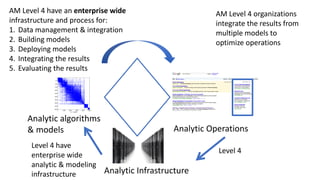 Analytic algorithms
& models
Analytic Infrastructure
Analytic Operations
Level 4 have
enterprise wide
analytic & modeling
infrastructure
AM Level 4 organizations
integrate the results from
multiple models to
optimize operations
AM Level 4 have an enterprise wide
infrastructure and process for:
1. Data management & integration
2. Building models
3. Deploying models
4. Integrating the results
5. Evaluating the results
Level 4
 