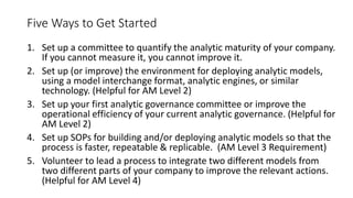 Five Ways to Get Started
1. Set up a committee to quantify the analytic maturity of your company.
If you cannot measure it, you cannot improve it.
2. Set up (or improve) the environment for deploying analytic models,
using a model interchange format, analytic engines, or similar
technology. (Helpful for AM Level 2)
3. Set up your first analytic governance committee or improve the
operational efficiency of your current analytic governance. (Helpful for
AM Level 2)
4. Set up SOPs for building and/or deploying analytic models so that the
process is faster, repeatable & replicable. (AM Level 3 Requirement)
5. Volunteer to lead a process to integrate two different models from
two different parts of your company to improve the relevant actions.
(Helpful for AM Level 4)
 