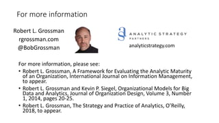 For more information
For more information, please see:
• Robert L. Grossman, A Framework for Evaluating the Analytic Maturity
of an Organization, International Journal on Information Management,
to appear.
• Robert L. Grossman and Kevin P. Siegel, Organizational Models for Big
Data and Analytics, Journal of Organization Design, Volume 3, Number
1, 2014, pages 20-25.
• Robert L. Grossman, The Strategy and Practice of Analytics, O’Reilly,
2018, to appear.
analyticstrategy.com
Robert L. Grossman
rgrossman.com
@BobGrossman
 