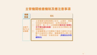 39
規範
對象
直轄市、
縣(市)主
管機關
§31
一、主管機關為瞭解機構之狀況，必要時，得通
知其提供相關服務資料，並得派員檢查之。
二、直轄市、縣（市）主管機關應每年至少辦理1
次不預先通知檢查，並結合各目的事業主管
機關辦理之。
三、主管機關應出示有關執行職務之證明文件或
顯示足資辨別之標誌；機構應提供必要之協
助，不得規避、妨礙或拒絕。(長服法§39及
細則§9)
主管機關檢查機制及應注意事項
 