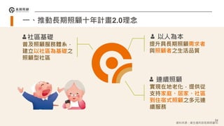 以人為本
提升具長期照顧需求者
與照顧者之生活品質
社區基礎
普及照顧服務體系，
建立以社區為基礎之
照顧型社區
連續照顧
實現在地老化，提供從
支持家庭、居家、社區
到住宿式照顧之多元連
續服務
一、推動長期照顧十年計畫2.0理念
54
資料來源：衛生福利部長期照顧司
 