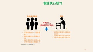 早期介入
短時間且密集性
復能執行模式
專業服務團隊
• 以個案為中心、激發潛
能
• 確認照顧計畫及復能目
標
• 結合個案日常生活功能
• 多專業訓練及團體合作
個案
• 最想做的事情作為復能訓
練目標
• 回復或維持生活自主功能
• 減少照顧依賴及成本支出
68
 