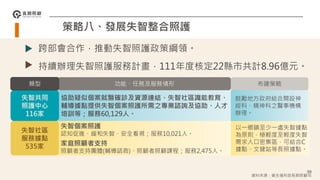 策略八、發展失智整合照護
跨部會合作，推動失智照護政策綱領。
持續辦理失智照護服務計畫，111年度核定22縣市共計8.96億元。
99
協助疑似個案就醫確診及資源連結、失智社區識能教育、
輔導據點提供失智個案照護所需之專業諮詢及協助、人才
培訓等；服務60,129人。
失智共同
照護中心
116家
失智個案照護
認知促進、緩和失智、安全看視；服務10,021人。
家庭照顧者支持
照顧者支持團體(輔導諮商)、照顧者照顧課程；服務2,475人。
失智社區
服務據點
535家
類型 功能、任務及服務情形 布建策略
鼓勵地方政府結合開設神
經科、精神科之醫事機構
辦理。
以一鄉鎮至少一處失智據點
為原則，極輕度至輕度失智
需求人口密集區，可結合C
據點、文健站等長照據點。
資料來源：衛生福利部長期照顧司
 